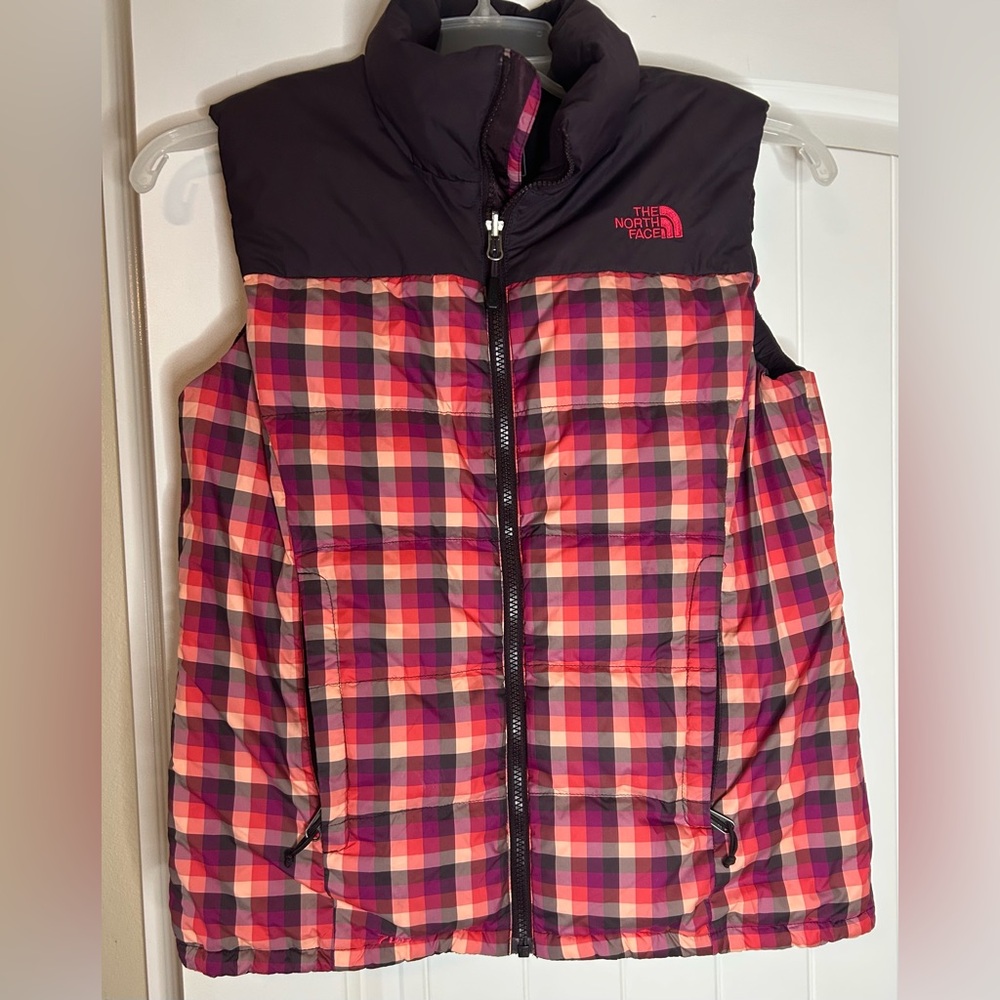 THE NORTH FACE NUPTSE 700 GOOSE DOWN PUFFER PLAID PINK VEST JACKET SIZE M